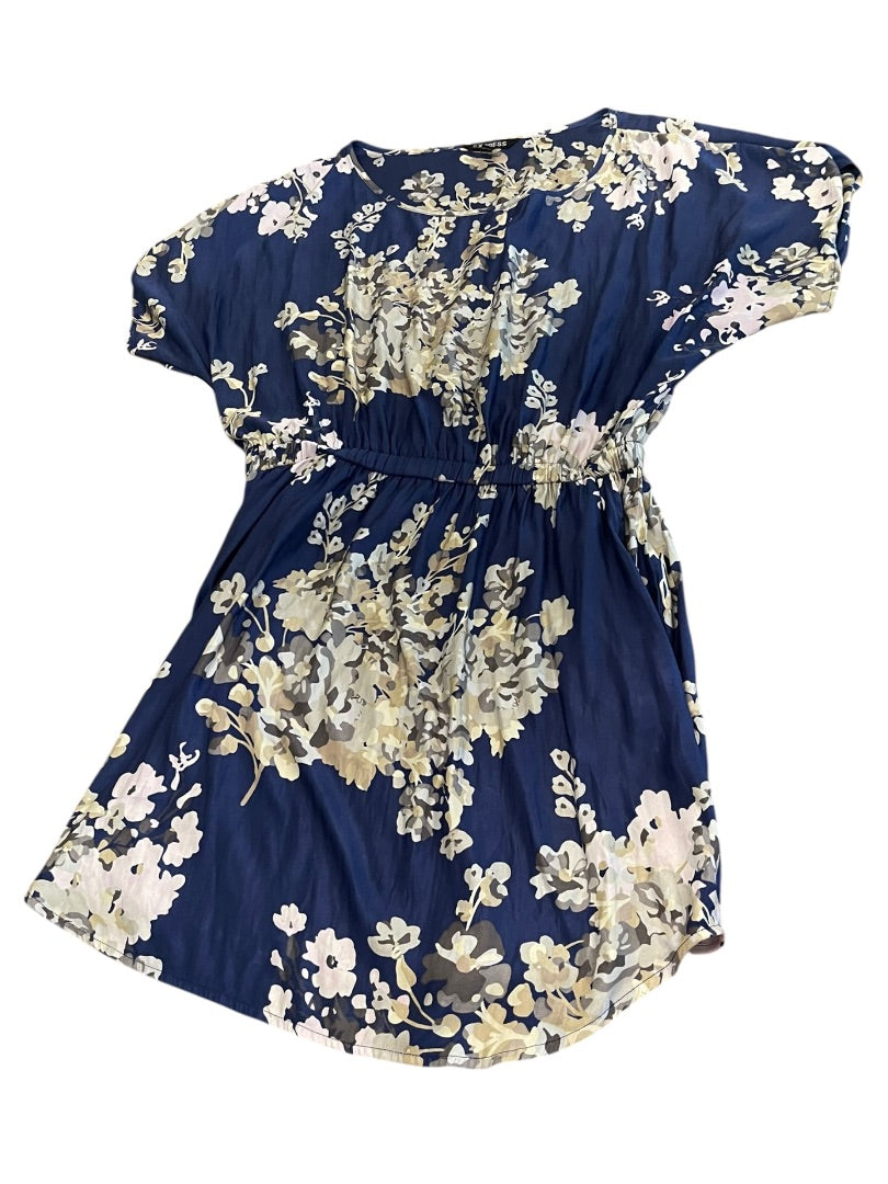 Large Express Floral Scoop Neck Elastic Waist Mini Dress Blue Pockets