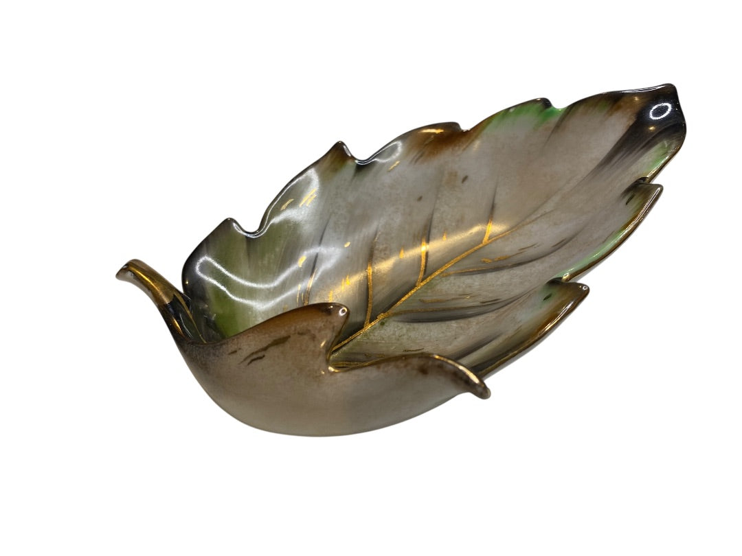 Midcentury Ceramic Leaf Trinket Dish Green Brown Gold Trim 6" x 4"