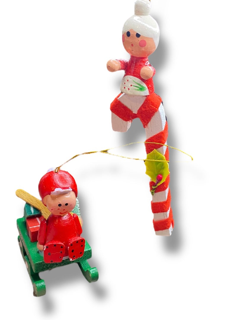 Vintage Wooden Christmas Holiday Ornaments Sled Candy Cane 2" and 3.75"