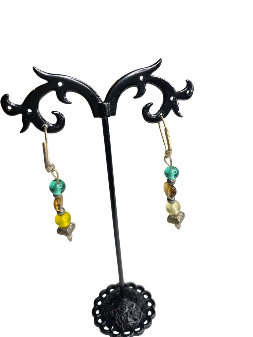Goldtone Leverback Pierced Earrings 2.25" Beaded Drop Multicolor