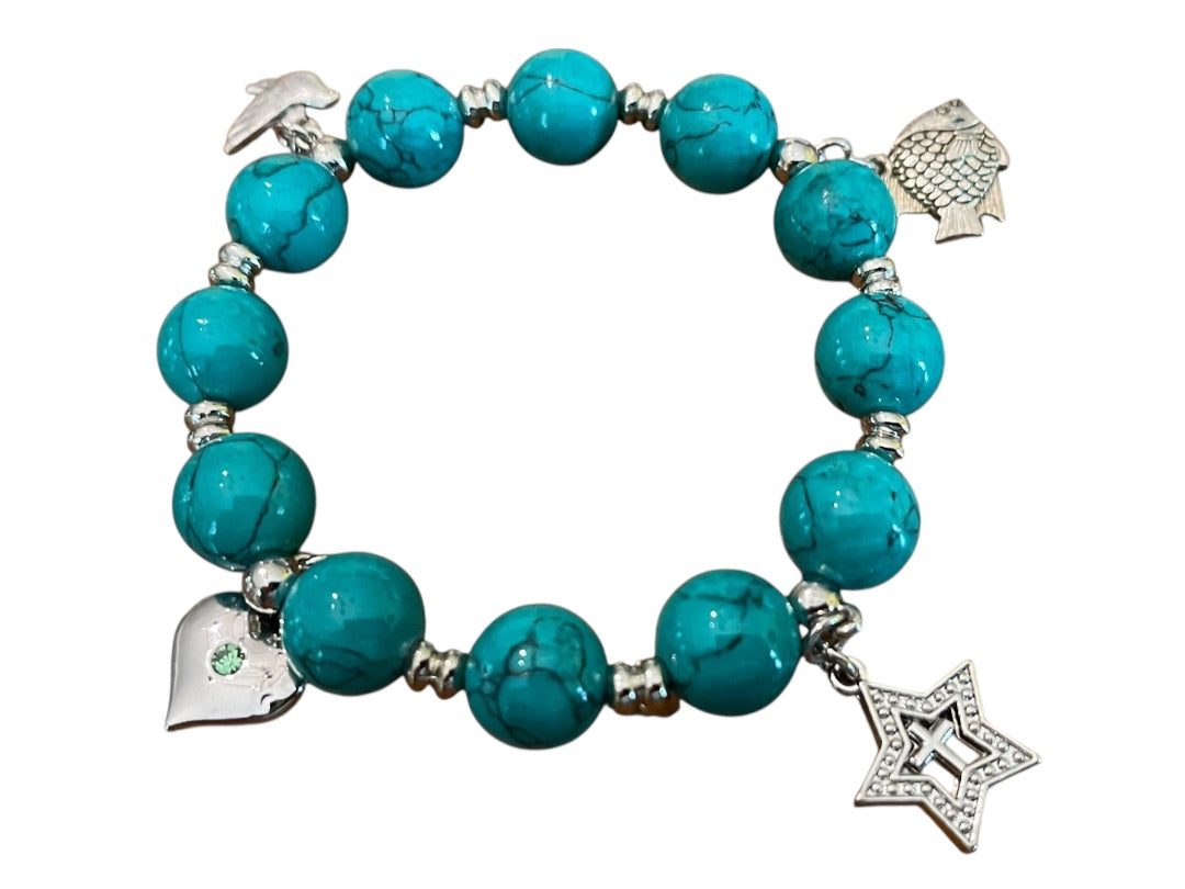 Beaded Stretch Silvertone Fish Feather Star Jerusalem Cross Bracelet Blue NWOT