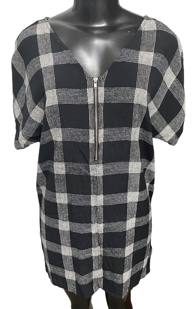 XS Madewell V-Neck Shift Dress Oversize Black White Plaid Lightweight