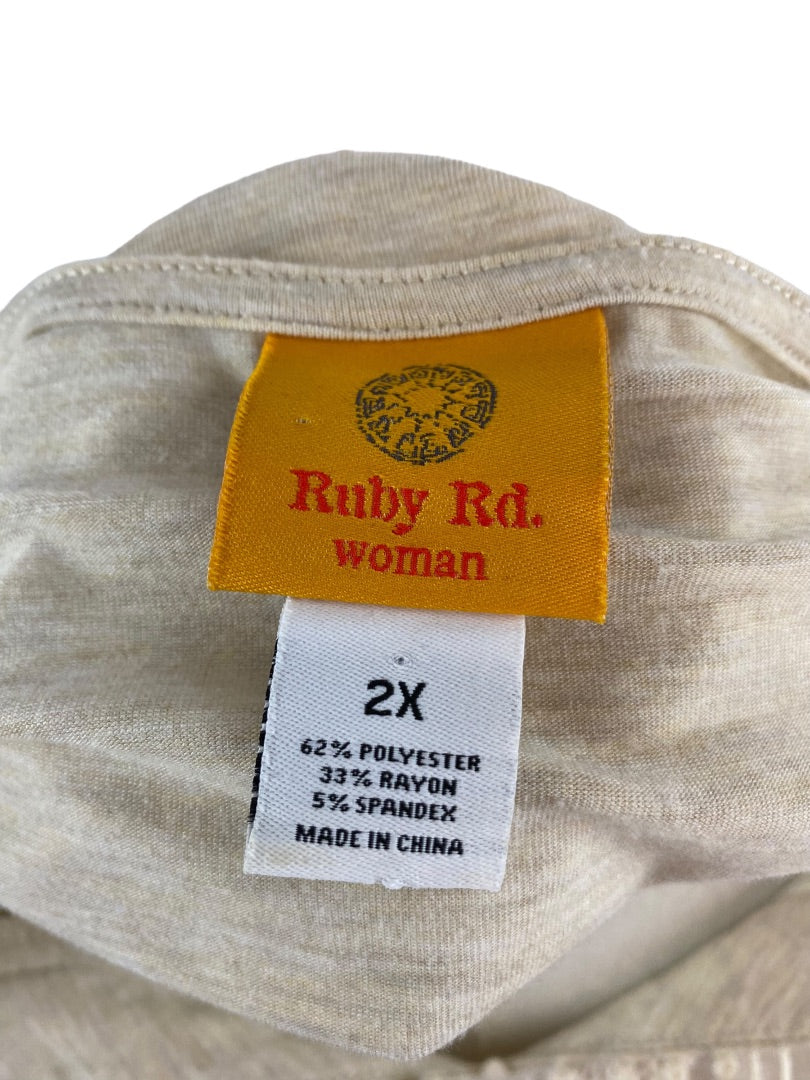 2X Ruby Rd Women's Oatmeal V-Neck Crochet Trim Pullover Top Shirt