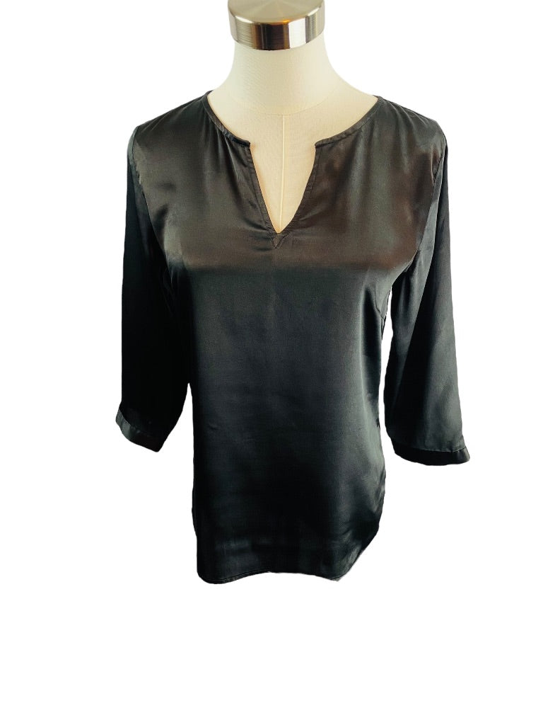 XS The Limited Womens Black Satin 3/4 Sleeve Pullover Split Neck Blouse