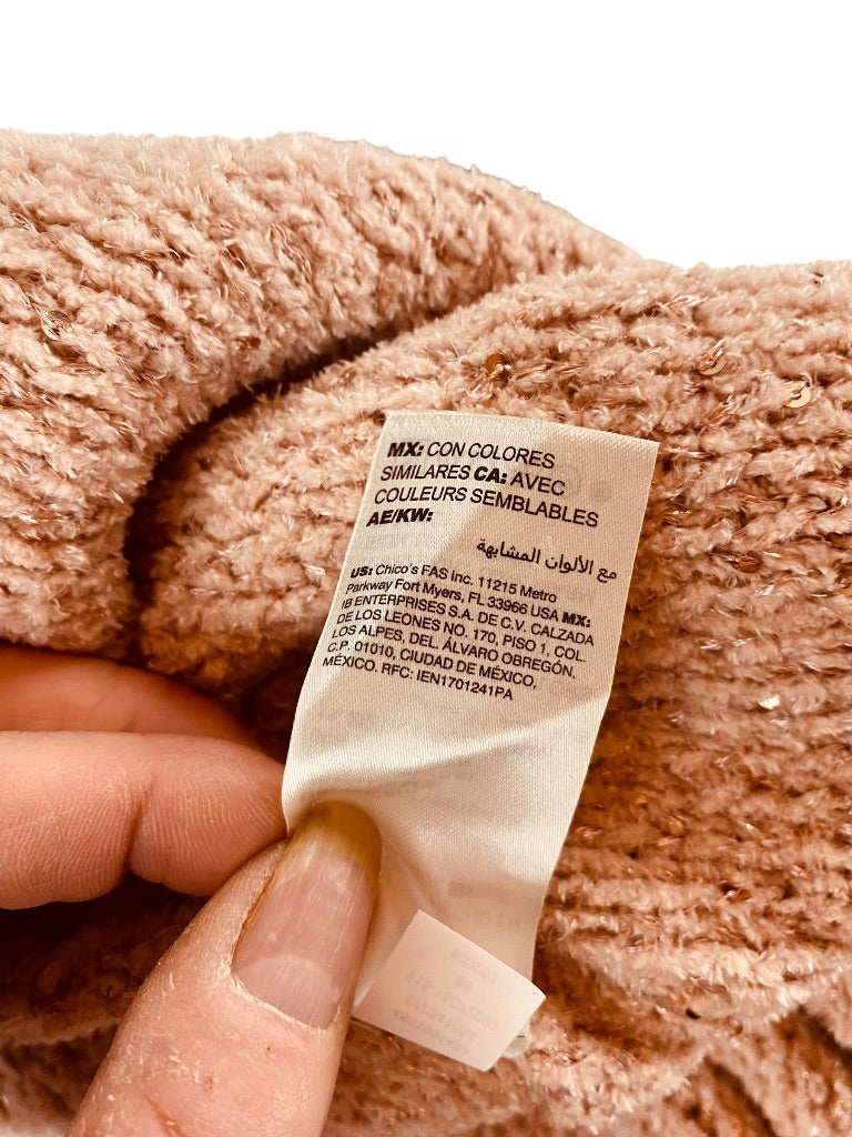 Medium Petite Chico's Women's Pink Chenille V-Neck Pullover Sweater Sequin Detail