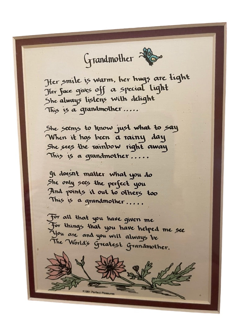 Grandmother Framed Matted Poem Pink Wall Hanging or Freestanding