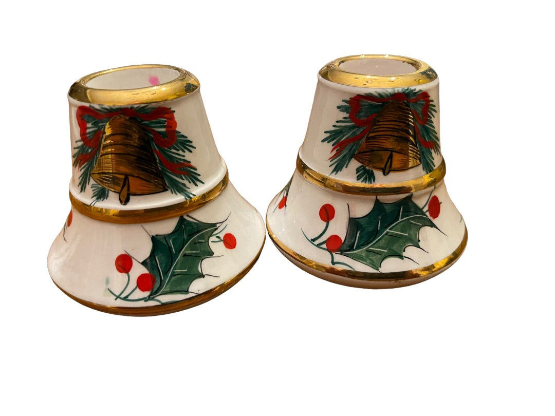 Set of 2 Italian Hand Painted 22/376 Christmas Holly Candle Holders 2.5" x 3"d