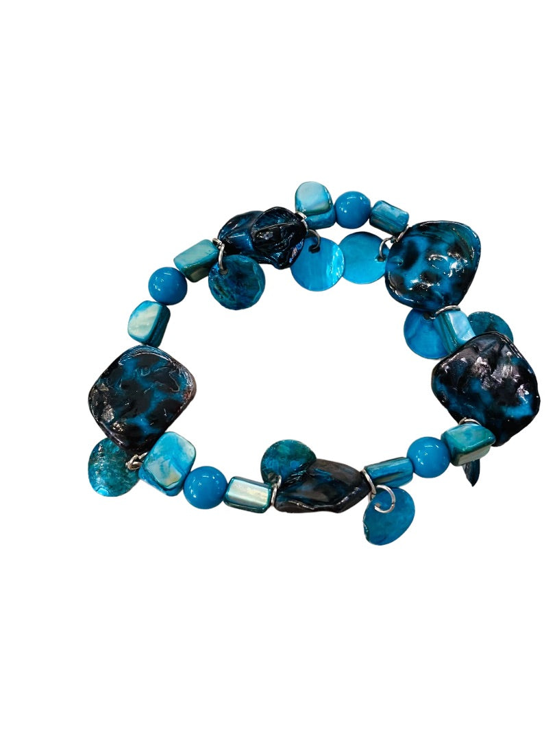 Teal Black Beaded Stretch Bracelet Glass Beads Dangle Shells