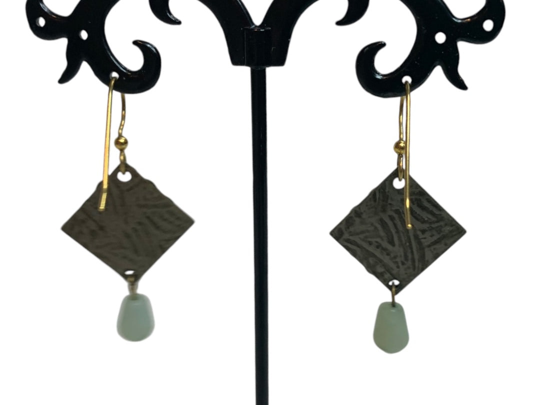 Vintage Antiqued Goldtone Hook Pierced Earrings Green Glass 2.7" Drop Dangle