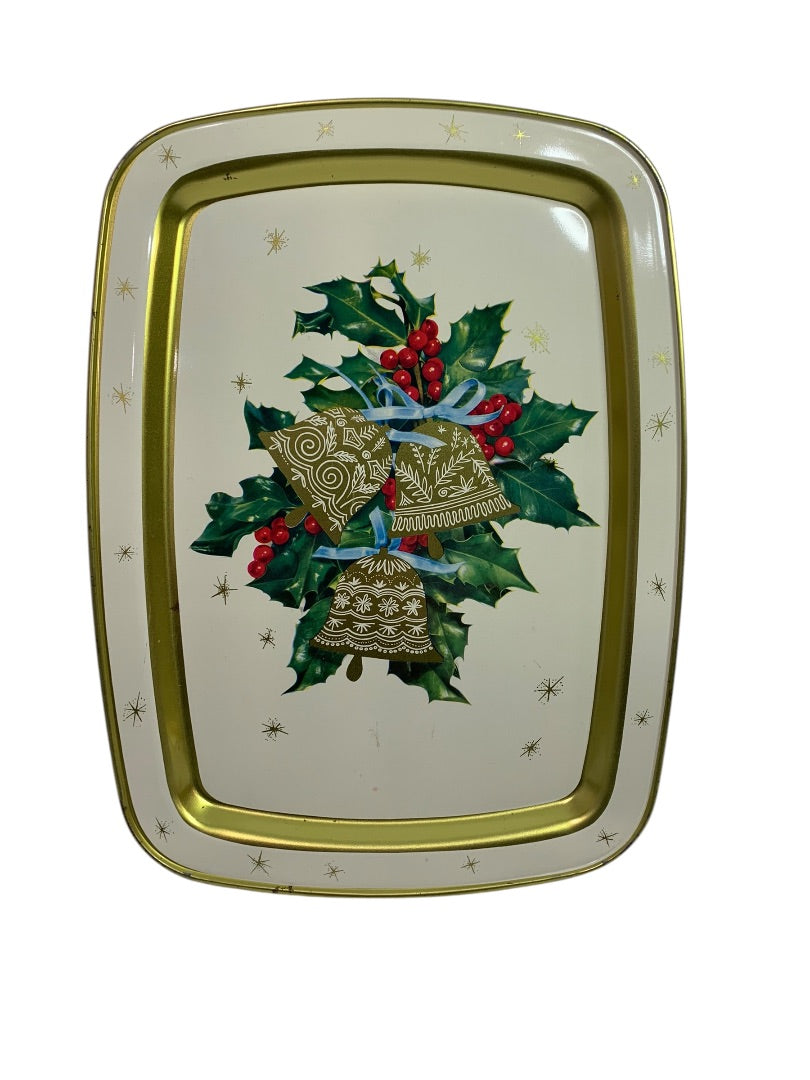 Vintage Holiday Christmas Metal Serving Tray 15 x 11 Inch Starburst Bells