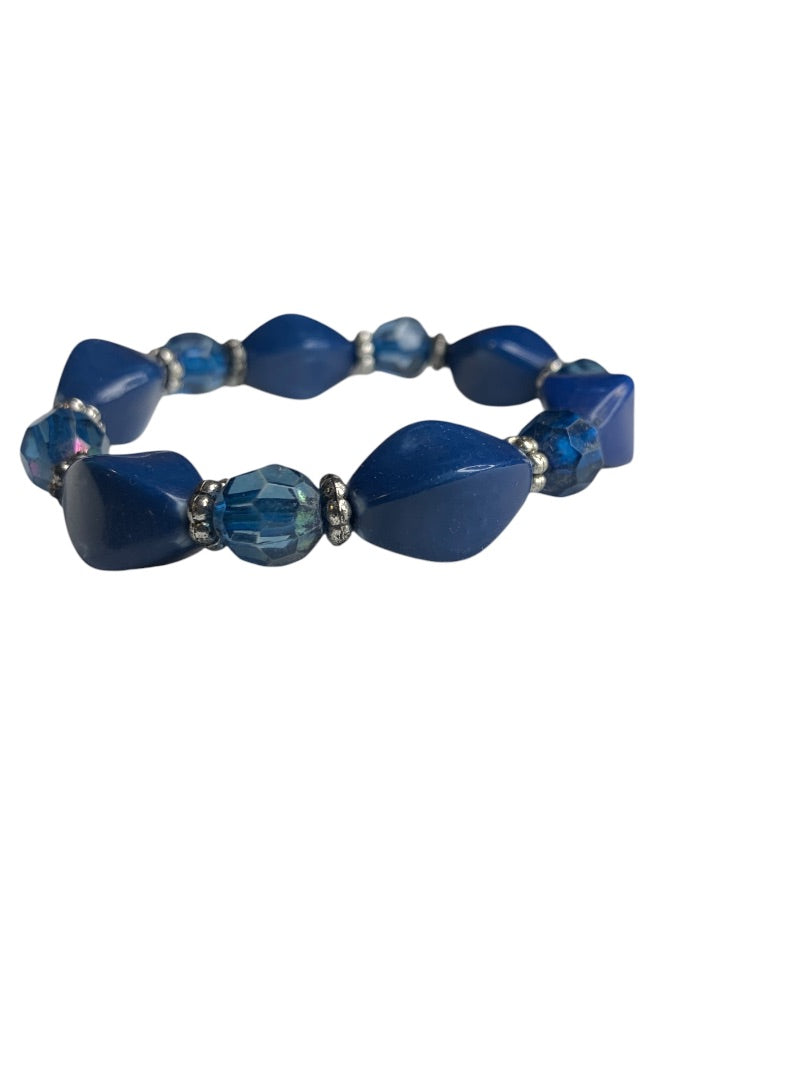 Blue Silvertone Spacers Acrylic Beaded Stretch Bracelet