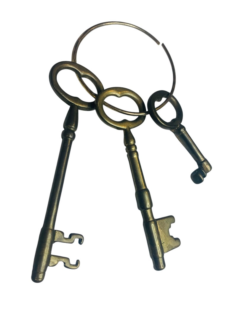 3 Solid Brass Jailers Pirate Church Skeleton Key Ring Set Victorian Decor