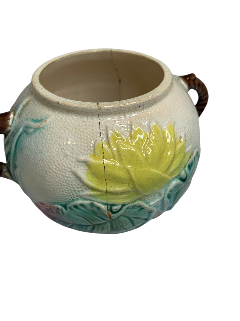 Antique Majolica Water Lily Pond Rope Sugar Bowl Handled