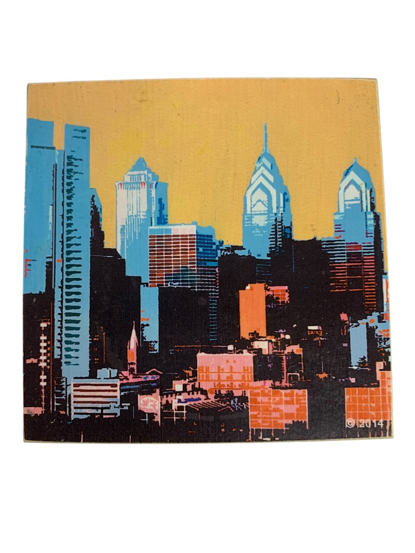 Set of 4 Magnet Drink Coasters Wooden Philadelphia 2014 Bright Graphics