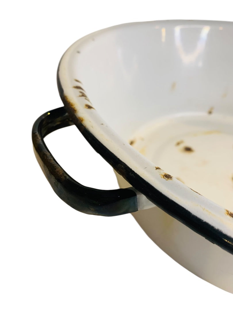 Vintage 16 Inch Round Enamelware Black White Tub Pierced Sieve
