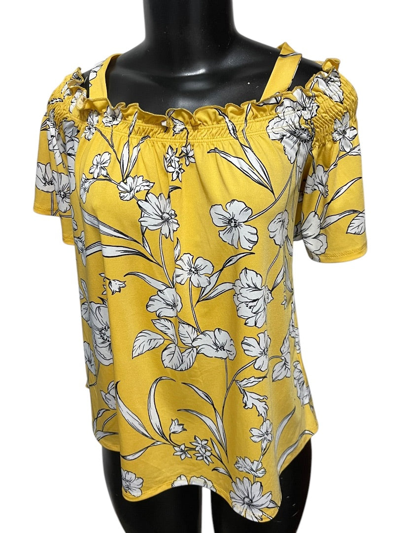 Large PerSeption Concept Floral Off Shoulder Womens Shirt Yellow