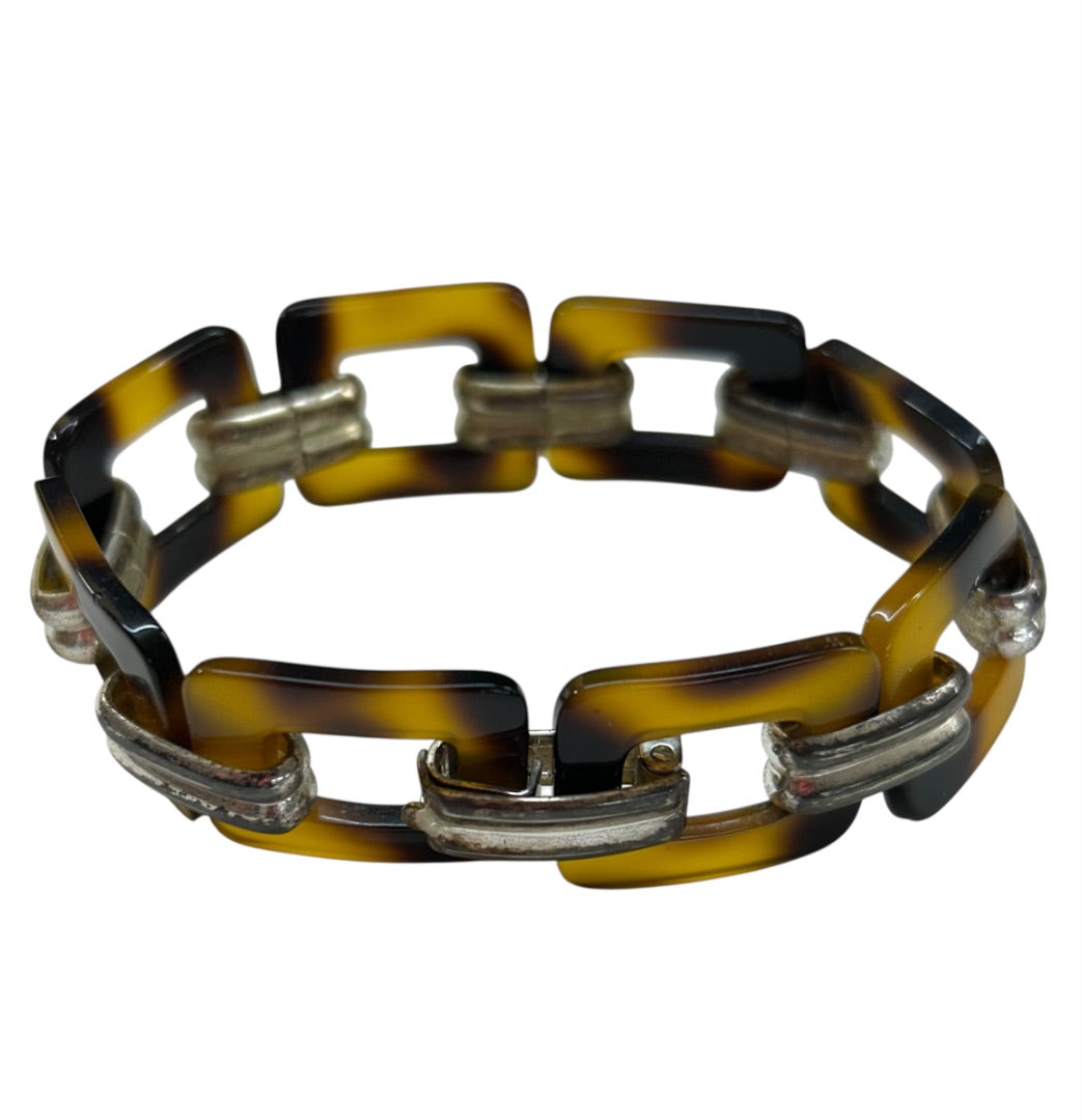 Vintage Acrylic Silvertone Link 7.75 Inch Bracelet Foldover Clasp