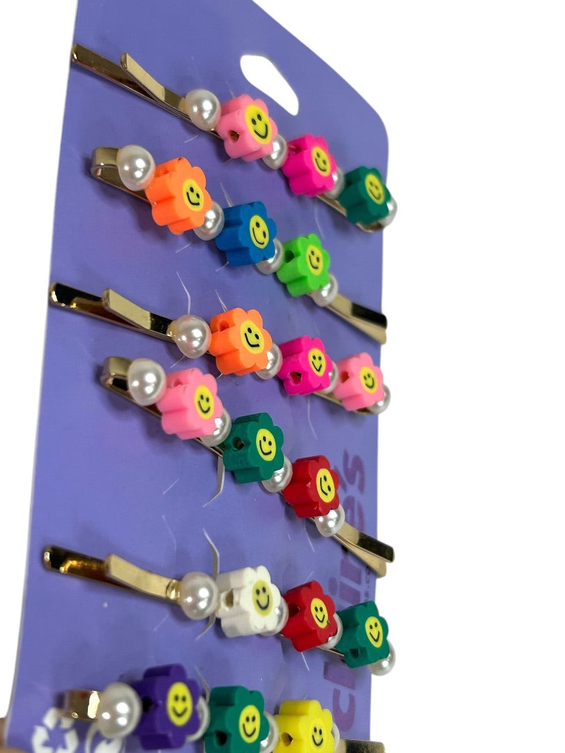 Claires New Rainbow Flower Smiley Face Bobby Pin Faux Pearl Set of 6