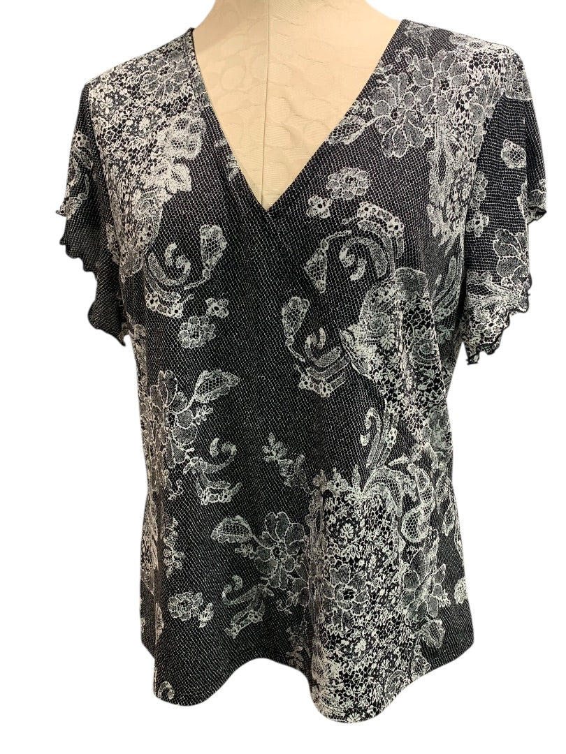 Large Laura Ashley Womens Lined V-Neck Shirt Lace Print Lined Black