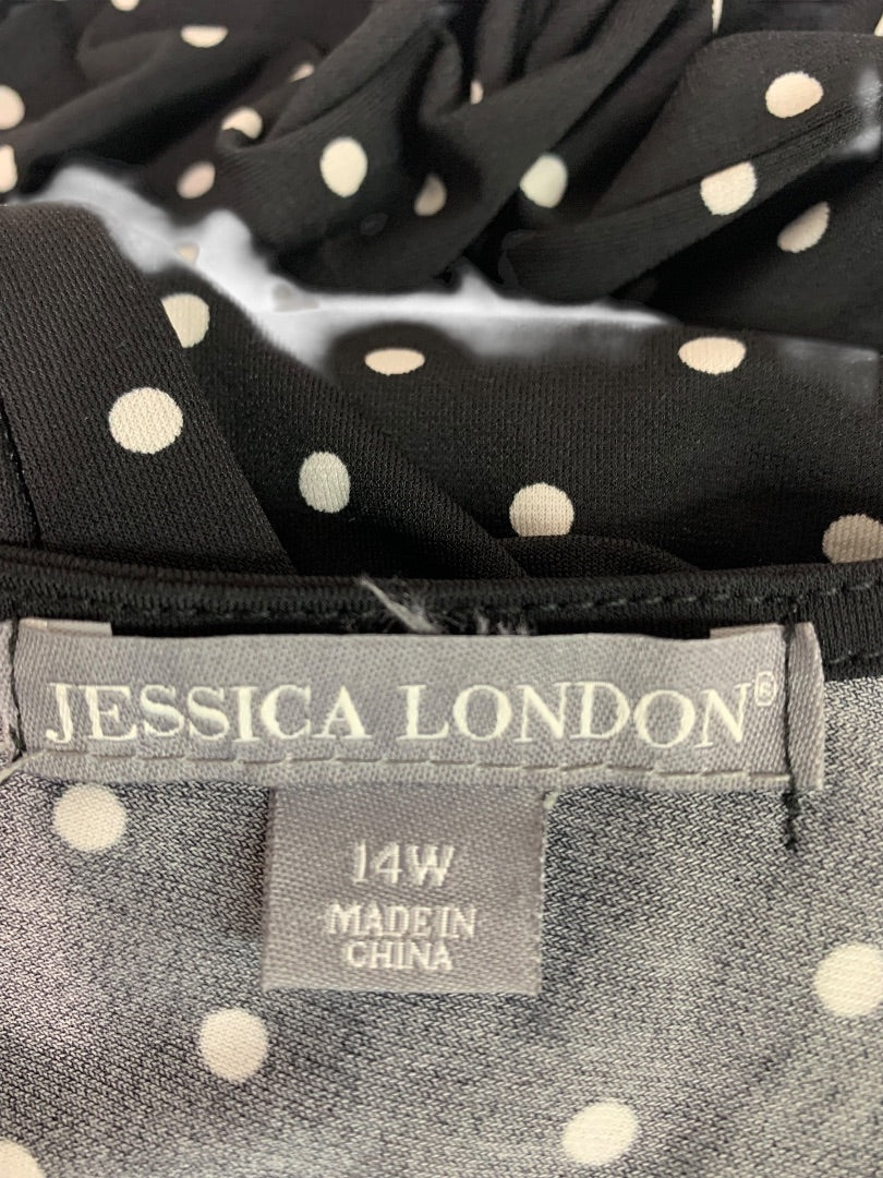 Size 14W Jessica London Stretch Dress Long Black Polka Dot Split Sleeve