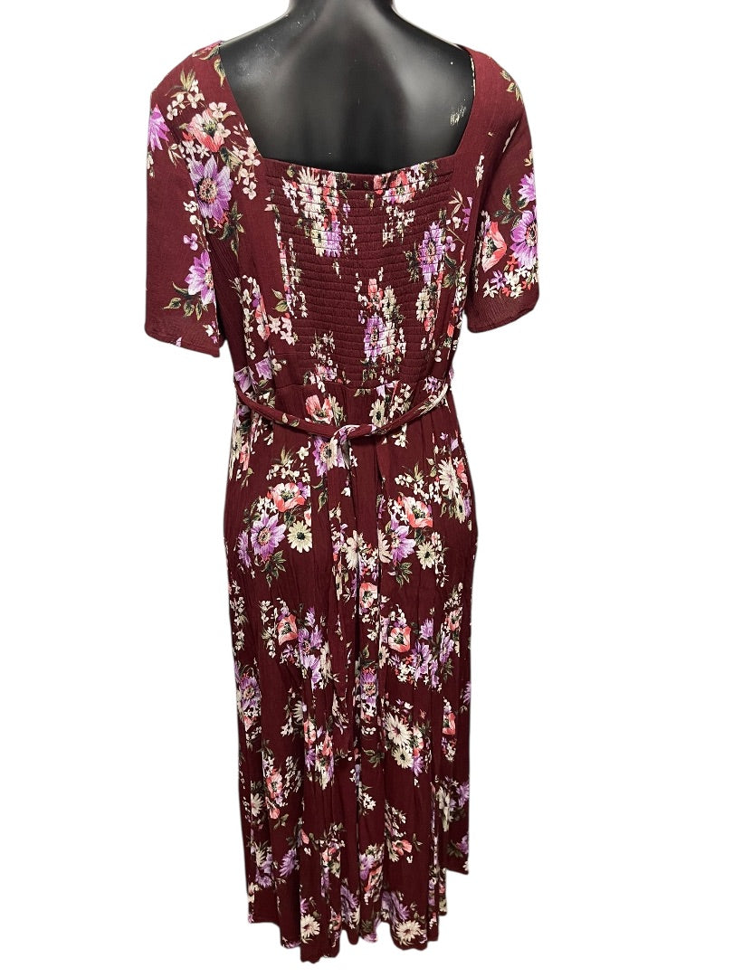 2X Torrid Floral Gauze Maxi Dress V-Neck Tie Back Merlot