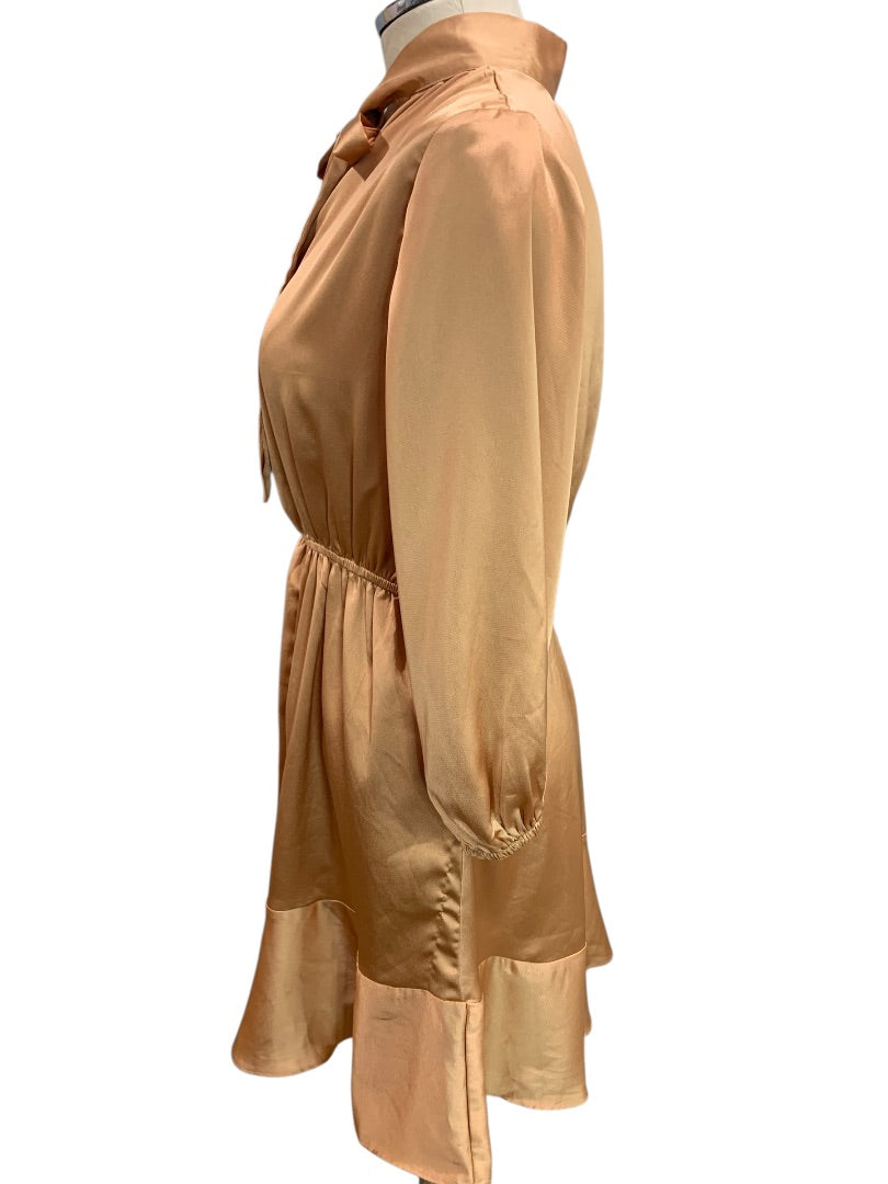 Small Vici Womens Satin Long Sleeve Dress Banded Waist Goldy Orange Color