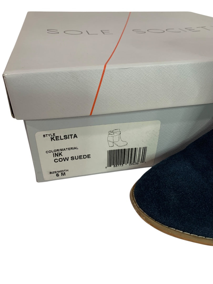 Size 6 Sole Society Womens Suede Booties Ink Blue Kelsita 3" Block Heel