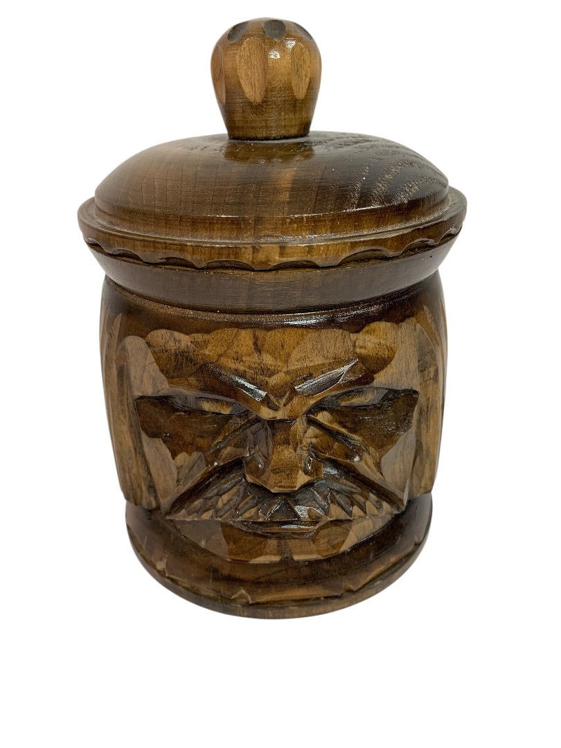 Vintage Wooden Lidded Jar Humidor Carved Old Man 6 Inch