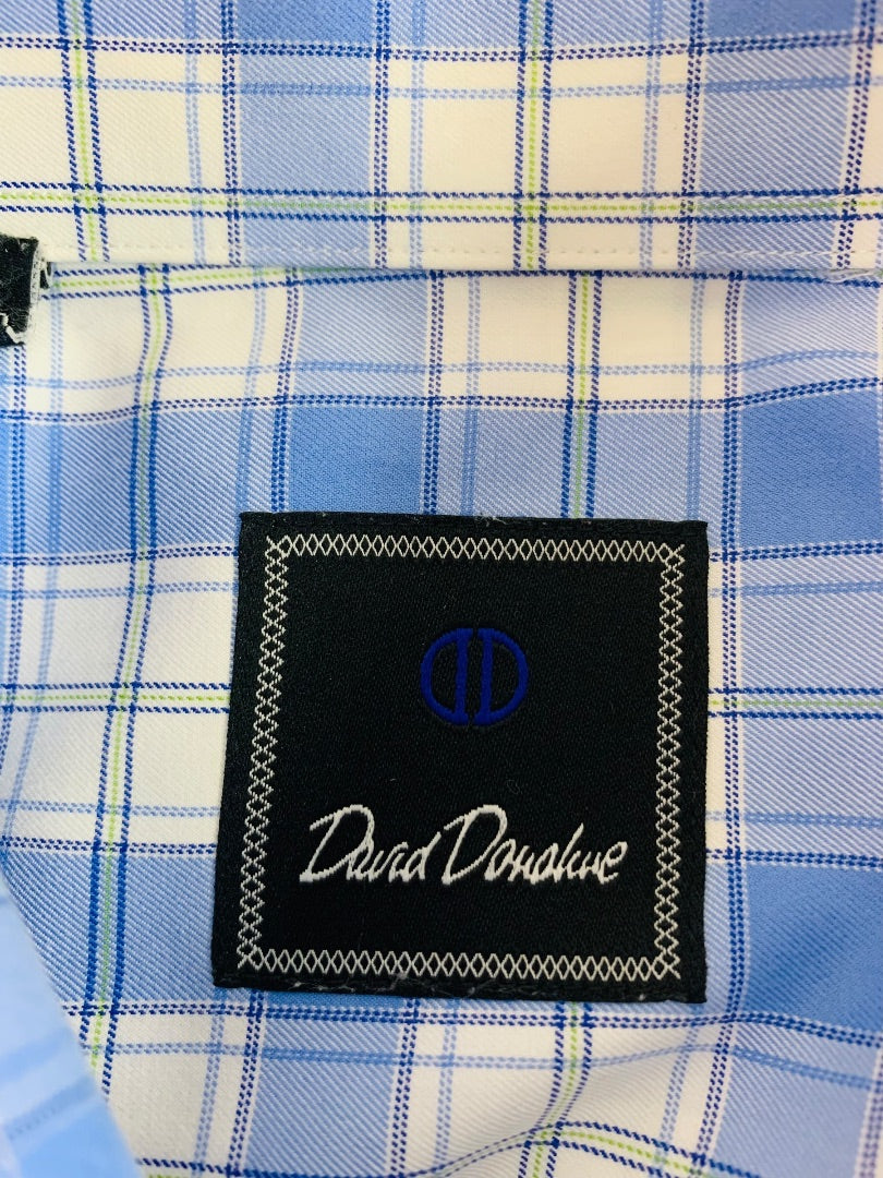 17.5 (32/33) David Donahue Mens Button Up Dress Shirt Plaid Blue