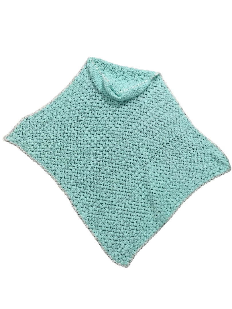 Vintage Mint Green Baby Blanket Crochet White Trim 37" x 34" Hood
