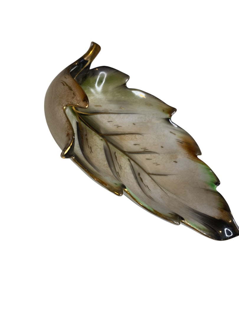 Midcentury Ceramic Leaf Trinket Dish Green Brown Gold Trim 6" x 4"
