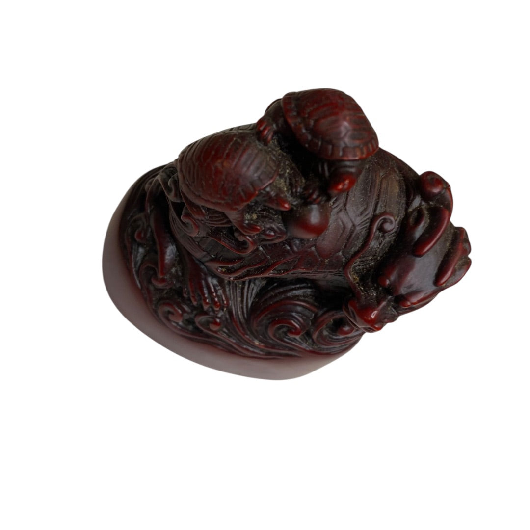 Vintage Red Resin Paperweight Figurine Dragon Turtles 2.5"