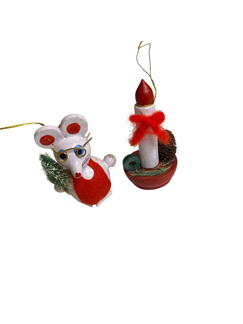 Vintage Wooden Christmas Holiday Ornaments Mouse Candle 2.75"