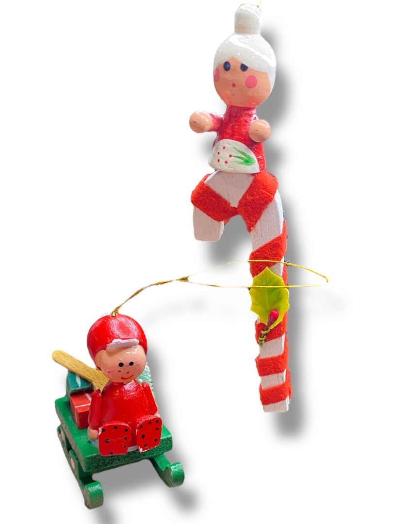 Vintage Wooden Christmas Holiday Ornaments Sled Candy Cane 2" and 3.75"