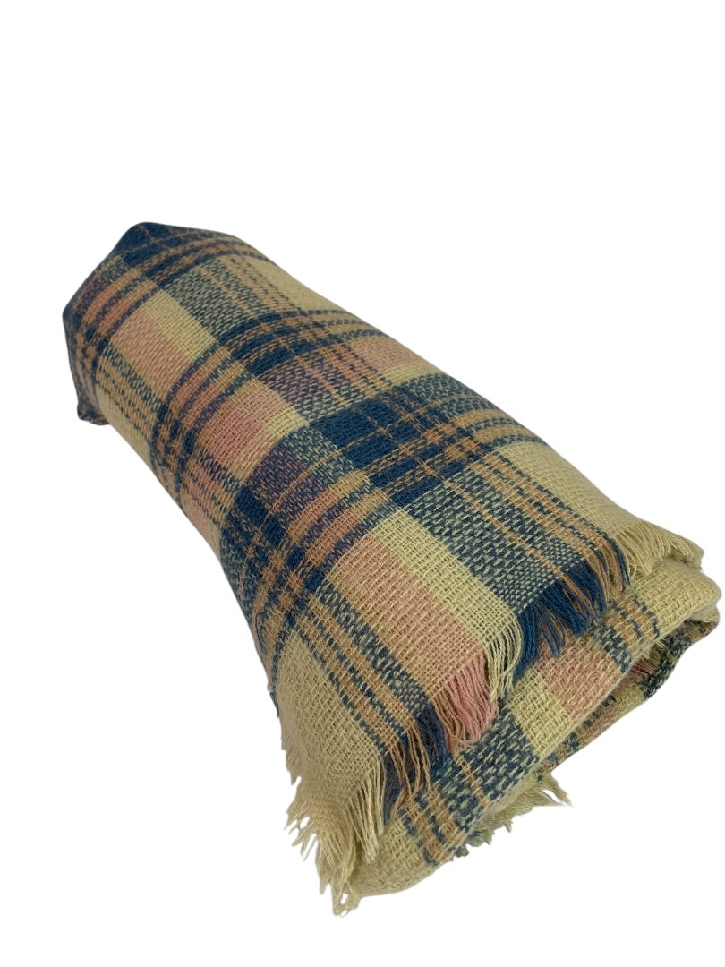 Soft Pastel Plaid Shawl Fringed 56" Square Wrap