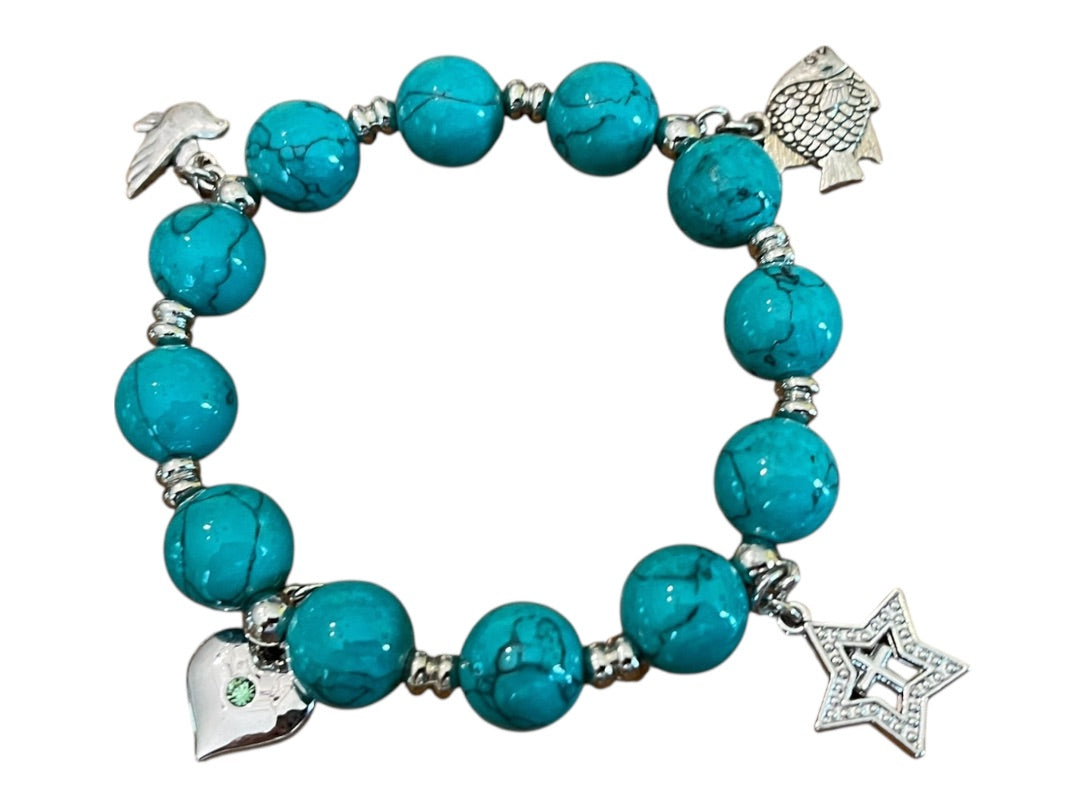 Beaded Stretch Silvertone Fish Feather Star Jerusalem Cross Bracelet Blue NWOT