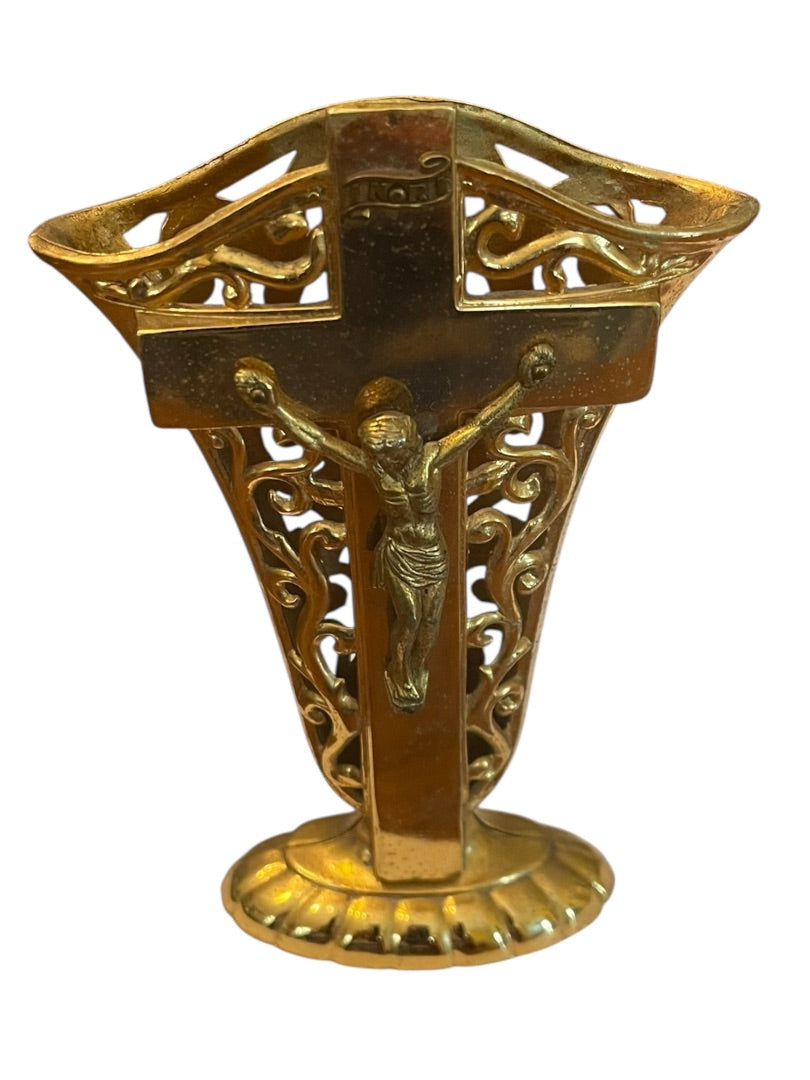 Goldtone Crucifix Vase Decor Scrolled Open 5.5"h