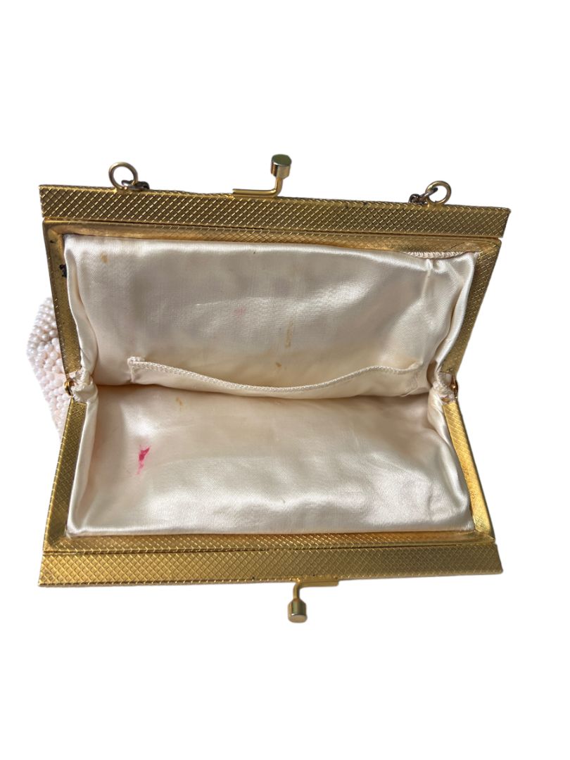 Small White Beaded Evening Bag Gold Chain And Kisslock Purse Handbag Vintage