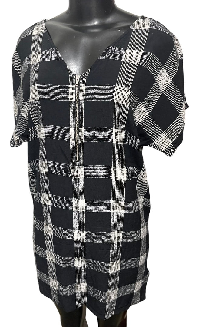 XS Madewell V-Neck Shift Dress Oversize Black White Plaid Lightweight