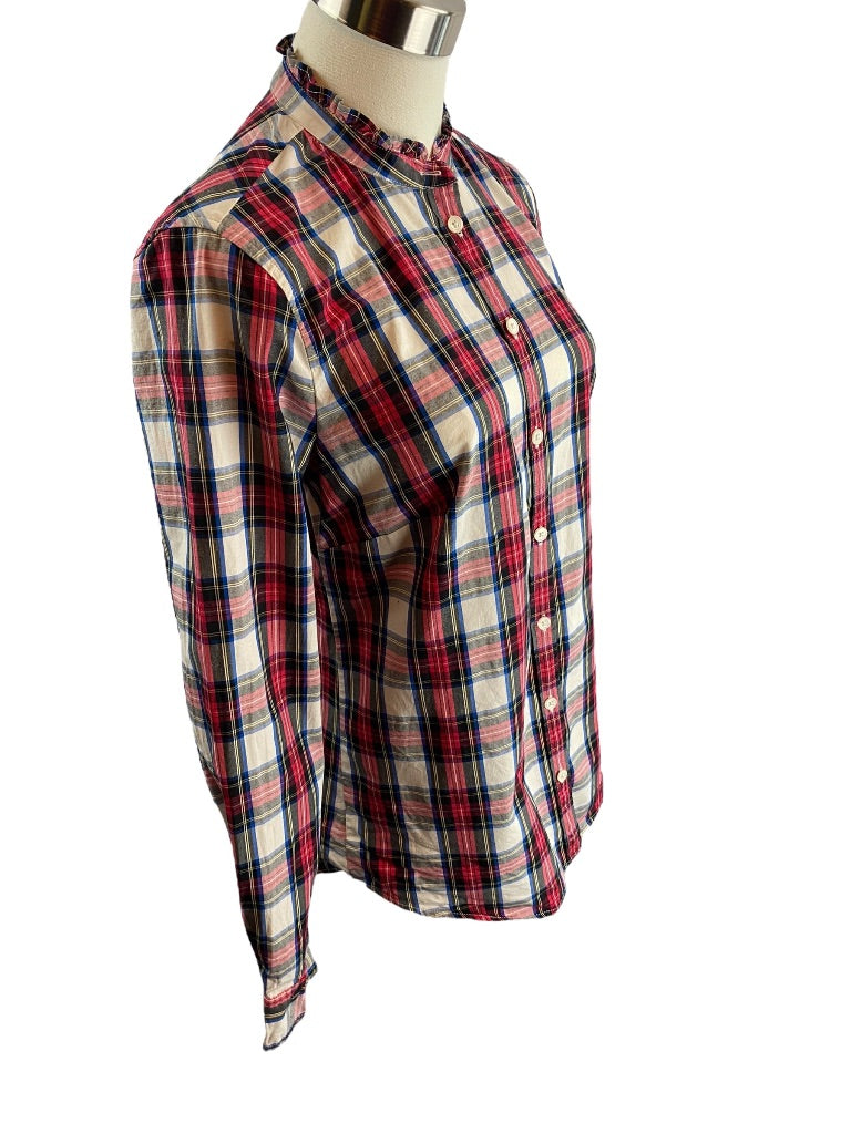 XS J.Crew Womens Plaid Button Up Ruffle Collar Blouse Stretch Cotton