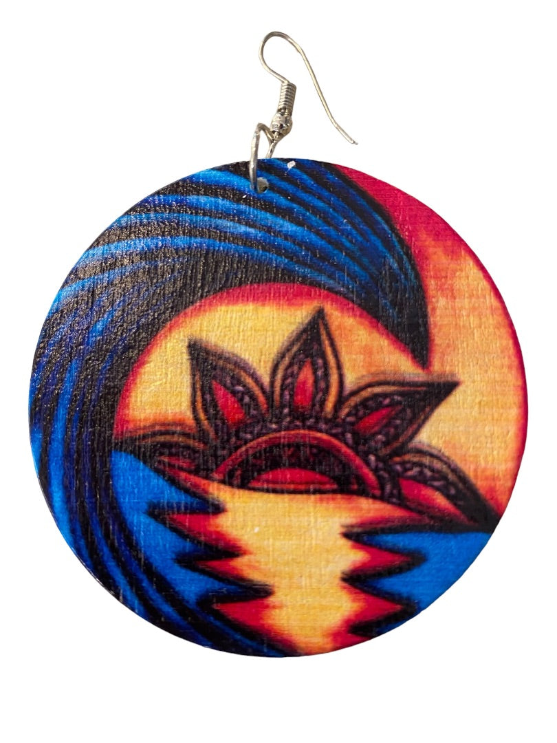 Vintage Balsa Wood Lightweight Painted Statement Earrings 2.4" Diameter