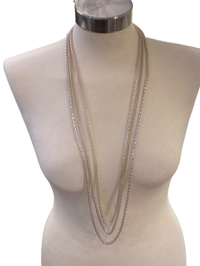 Triple Strand Draped 36" Necklace Silvertone Lightweight Sparkly