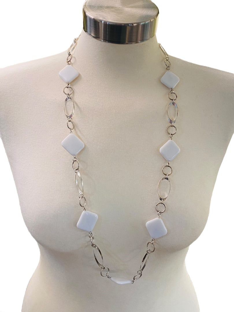 Silvertone and White Acrylic Square Necklace Overhead 34" Lightweight