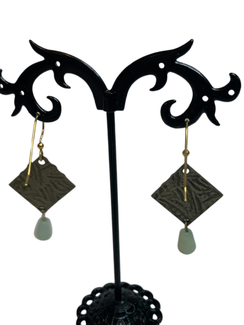 Vintage Antiqued Goldtone Hook Pierced Earrings Green Glass 2.7" Drop Dangle