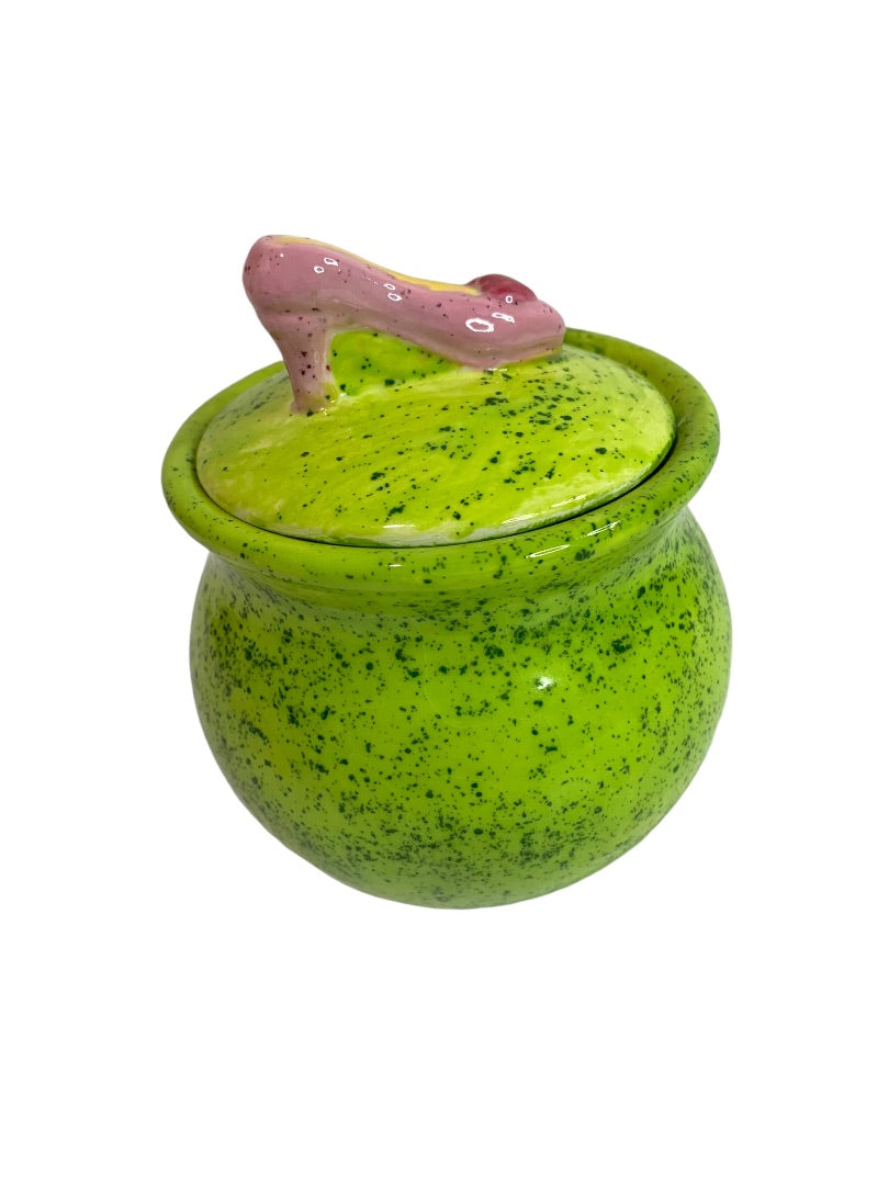 Green Lidded Jar 3.5 Inches High Heel Heart XO Glazed Ceramic