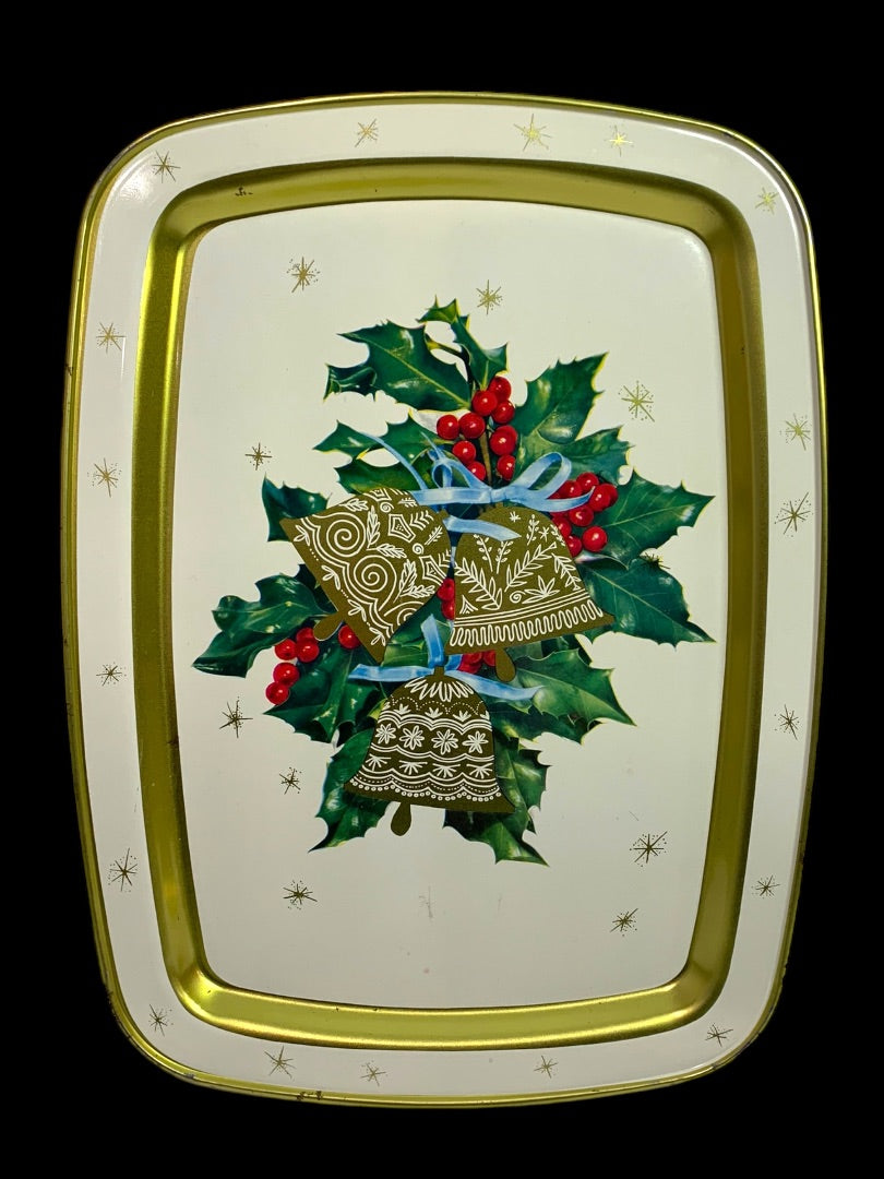Vintage Holiday Christmas Metal Serving Tray 15 x 11 Inch Starburst Bells