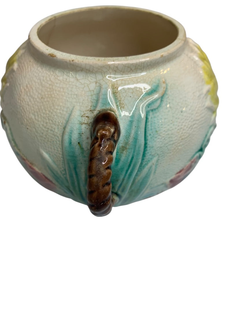 Antique Majolica Water Lily Pond Rope Sugar Bowl Handled