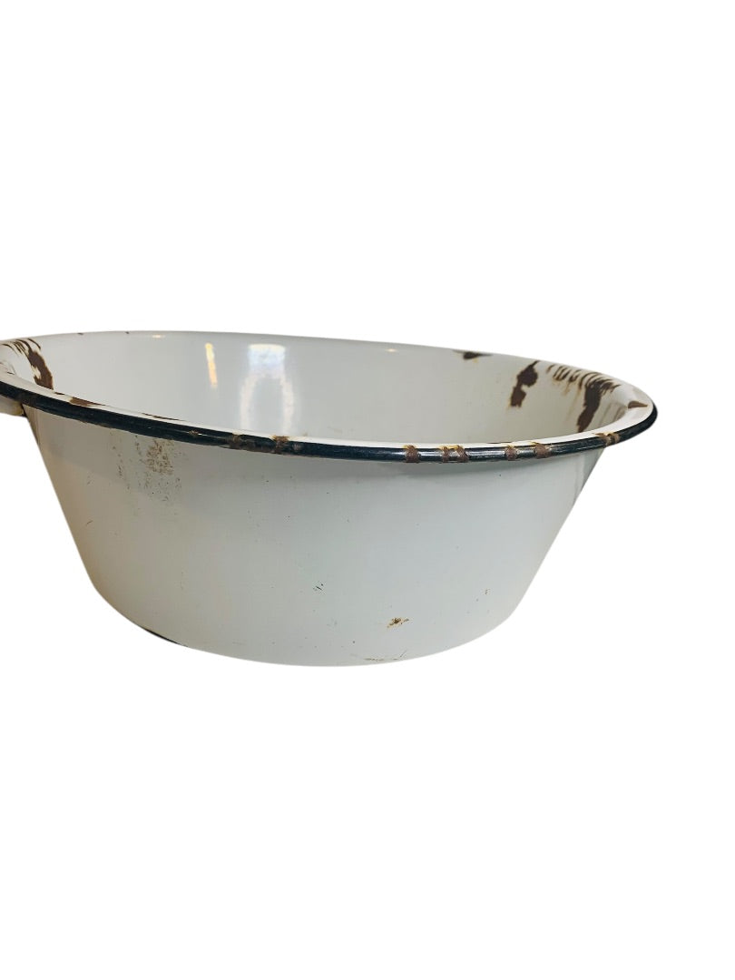 Vintage 16 Inch Round Enamelware Black White Tub Pierced Sieve
