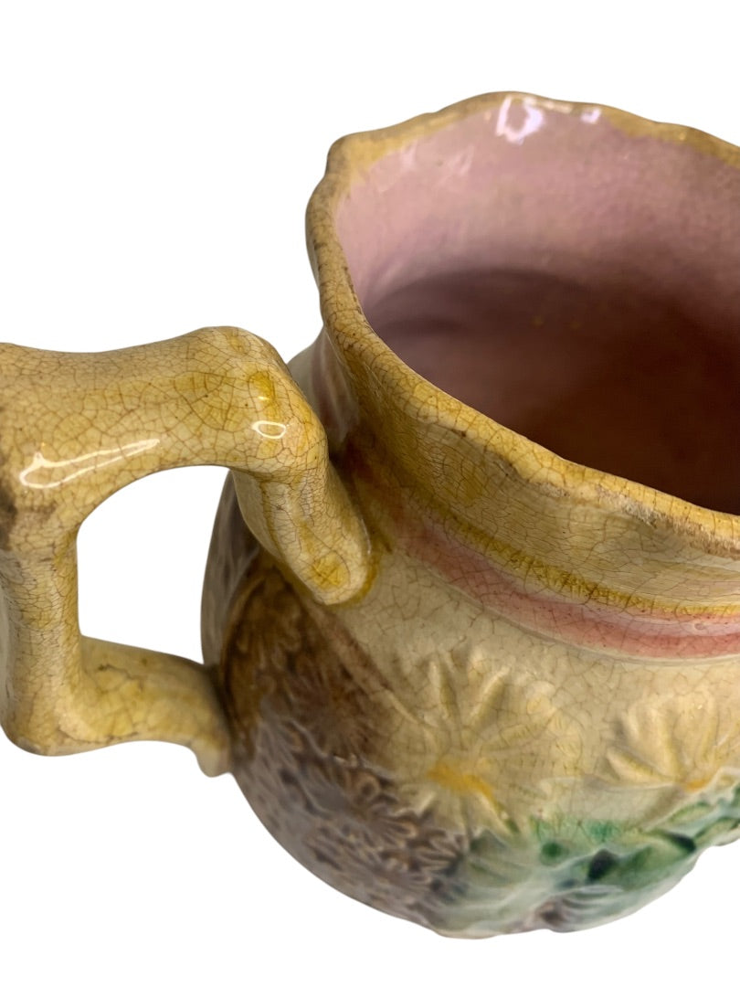 Antique Majolica Pottery Pitcher Daisy Bow Trim 6 Inch