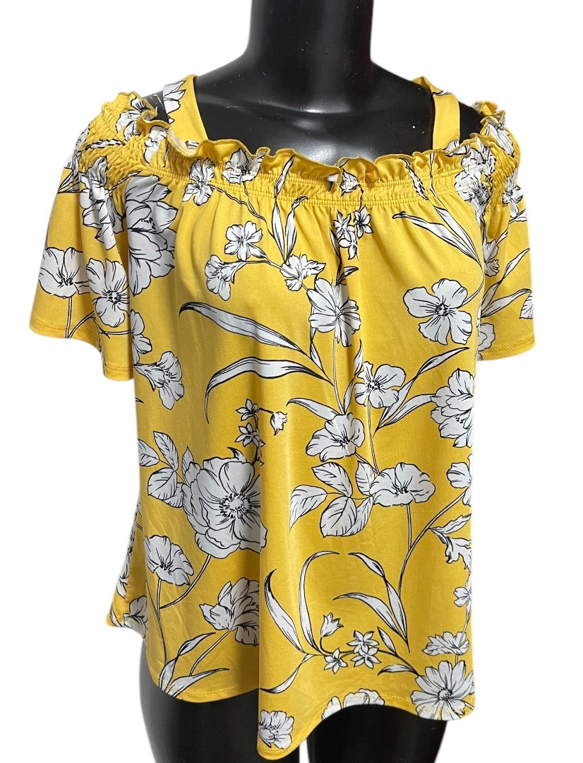 Large PerSeption Concept Floral Off Shoulder Womens Shirt Yellow
